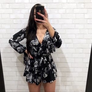 SAGE Floral Romper Waist Tie V Neck